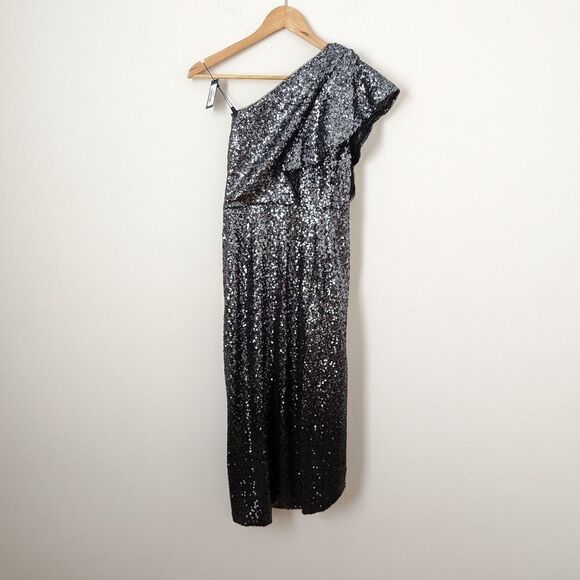 NWT Marchesa Notte grey black gunmetal sequin one shoulder wrap tea length dress - Picture 5 of 6